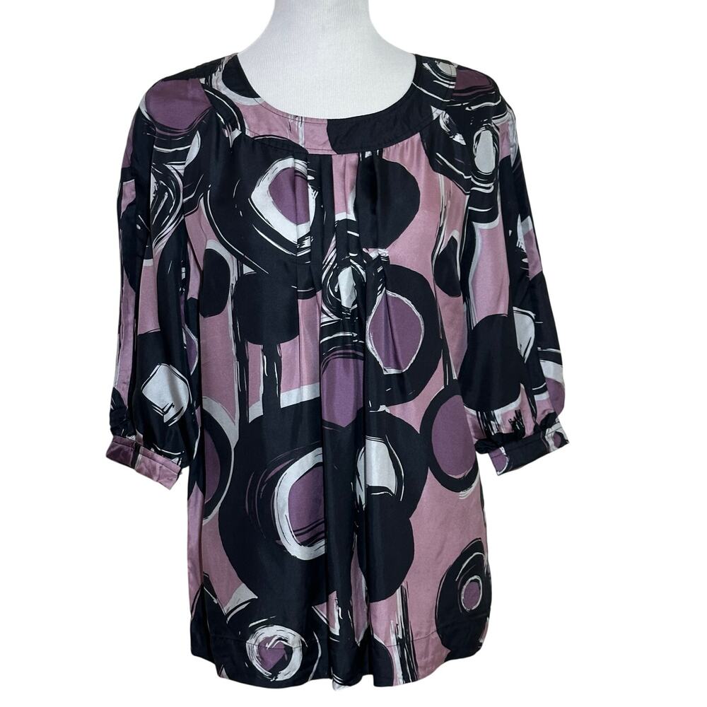 a.n.a. Black and Purple 100% Silk Pleated Blouse Sz Petite Medium